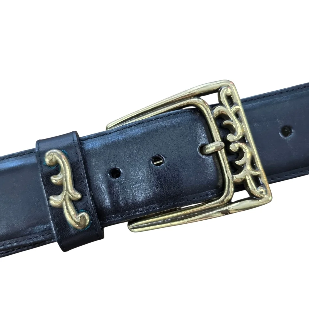 Brighton Black Leather Scroll Link Belt Gold Tone Accents Size M Style 49013 USA